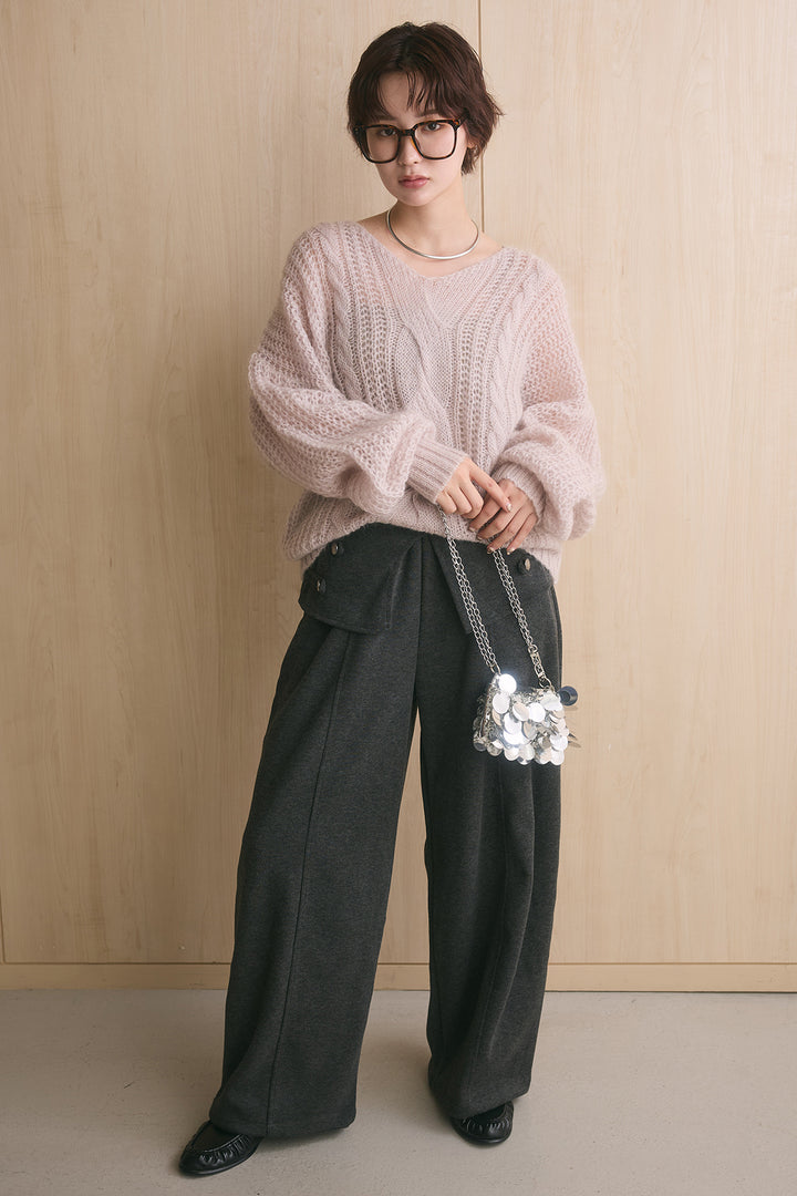 [SET]シアーモヘアケーブルVニックニット+ナポレオンデザインラップカーブパンツ(2set)