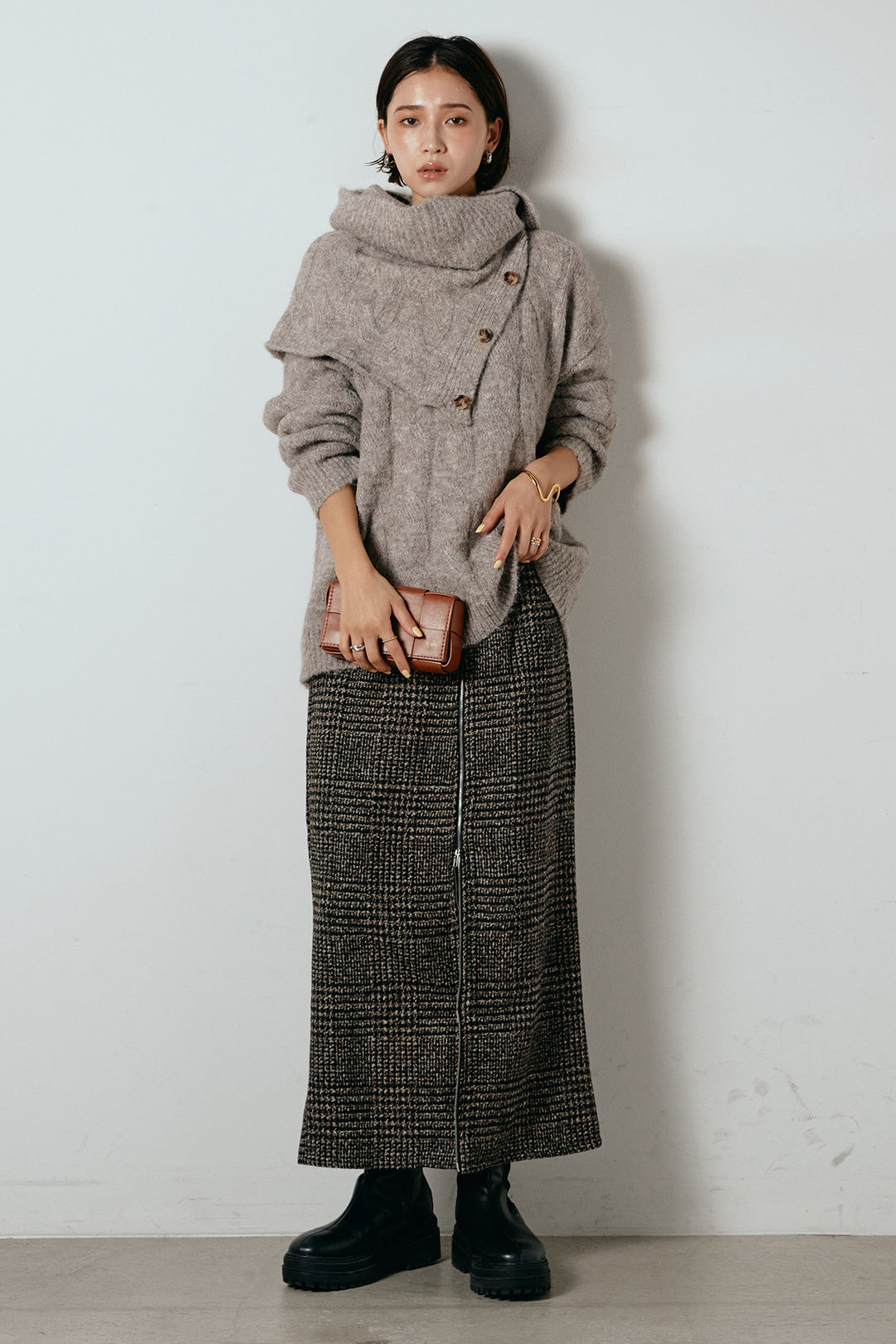 [SET]ケープデザインケーブルニットトップス+グレンチェック柄フロントジップタイトスカート(2set)