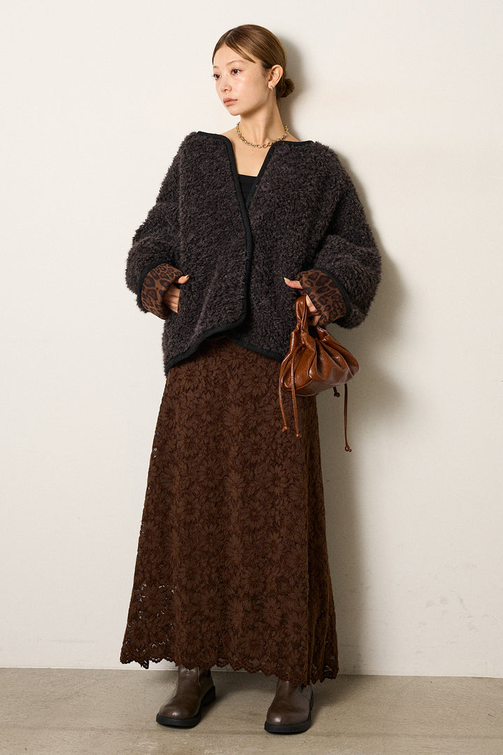 [SET]ノーカラー裏地レオパードボアアウター+花柄刺繍ベロアフレアスカート(2set)