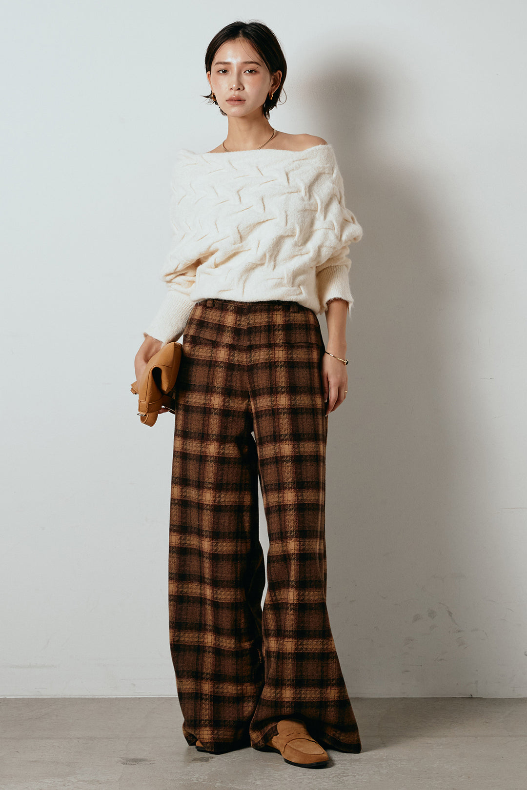 [SET]ボートネックニットトップス+ルーズタータンチェックワイドパンツ(2set)