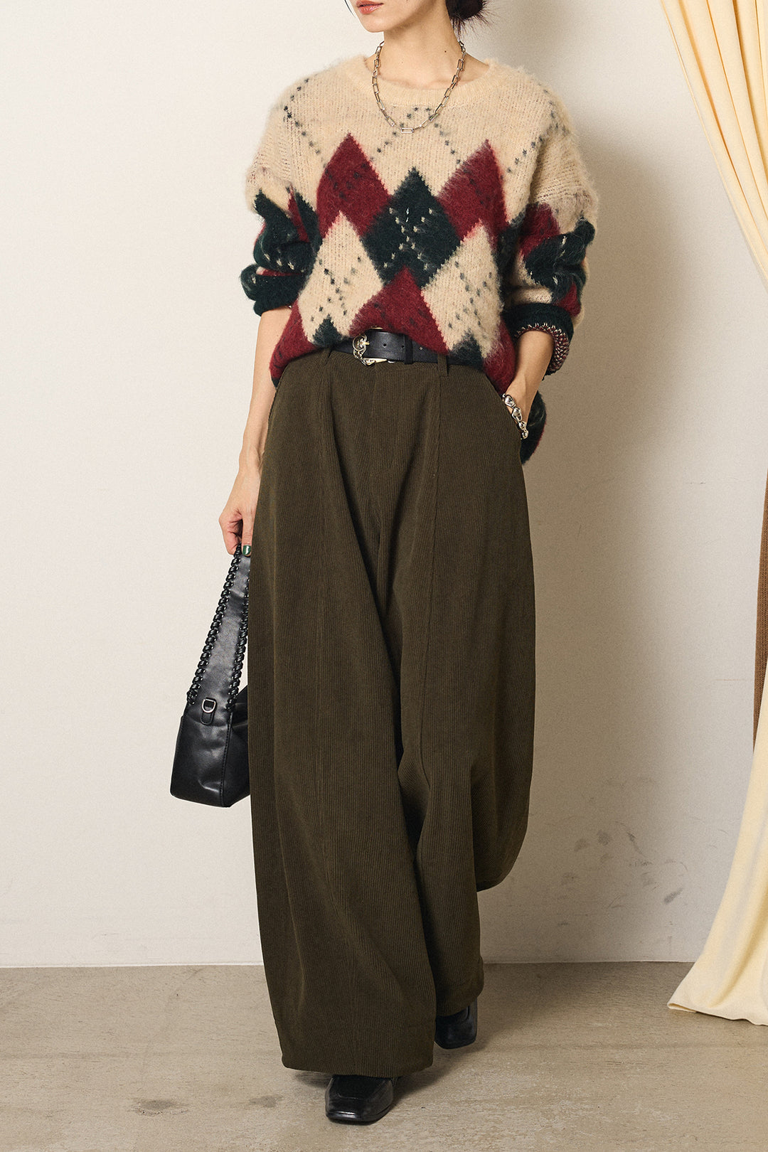 [SET]配色アーガイル柄ニットトップス+ベルト付きコーデュロイワイドパンツ(2set)