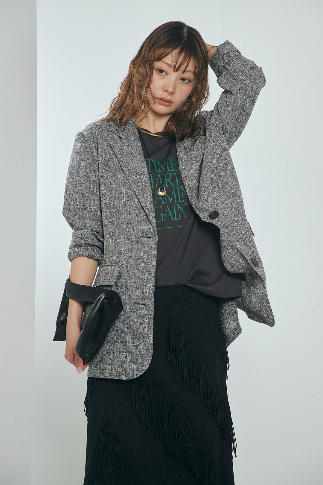 [SET]ミックスツイードベルト付きジャケット+斜めフリンジデザインスカート(2set)