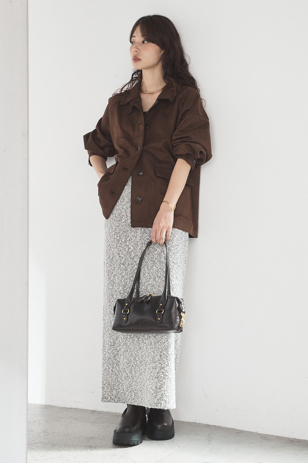 [SET]デカポケスエポンジャケット+ツイード風MIXスラブスカート(2set)