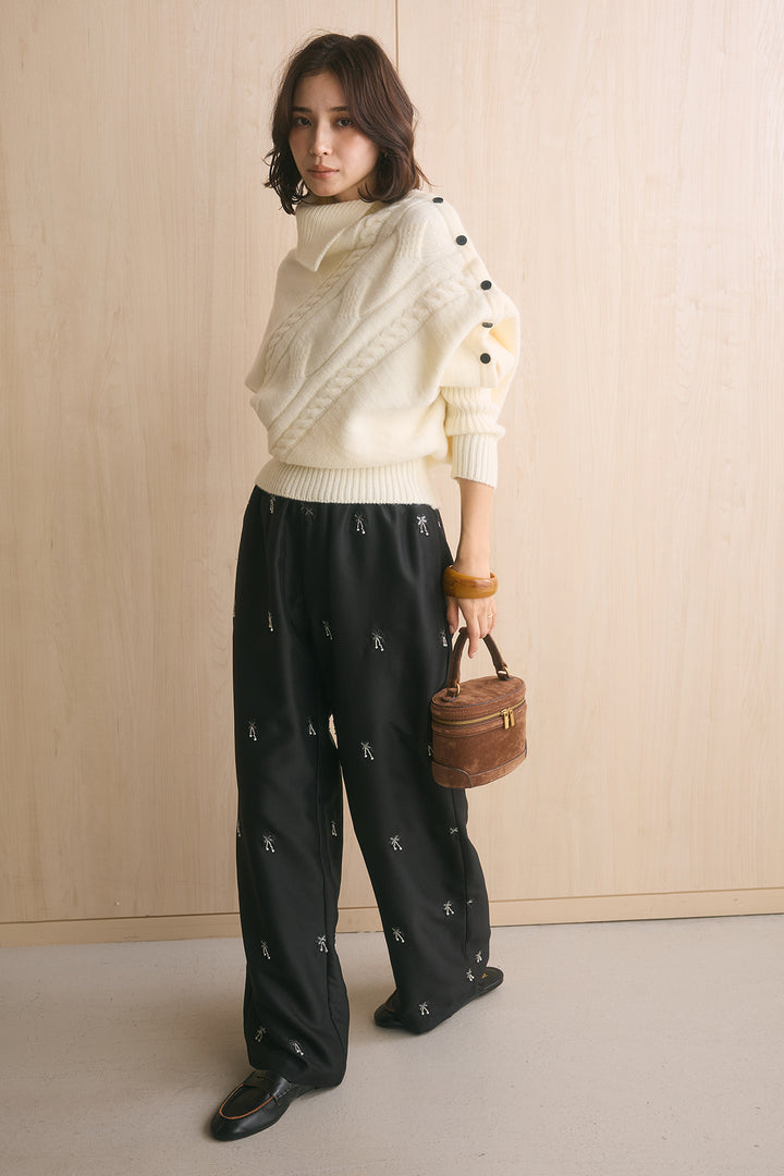 [SET]アシメカラーボタンケーブルニット+総ビーズ刺繍パンツ(2set)