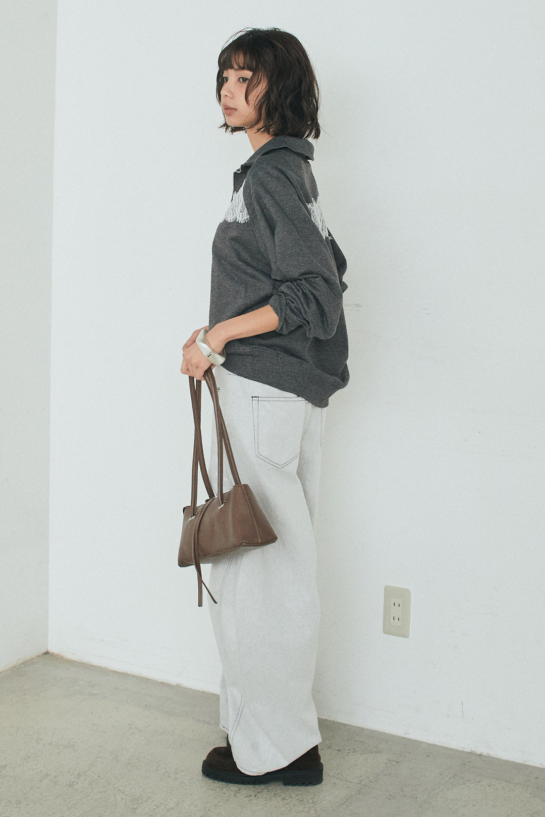 [SET]リバーレースハーフジップ裏毛スウェット+ツイル配色ステッチバレルパンツ(2set)