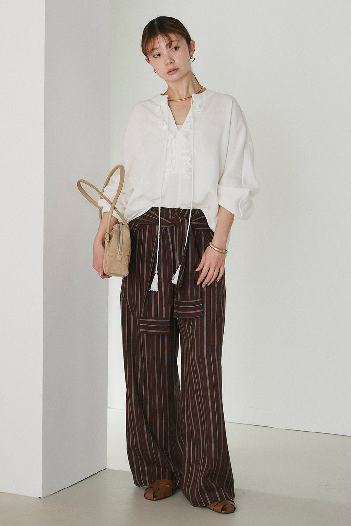 [SET]フロントタッセル付きブラウス+ウエスト巻きピンストライプパンツ(2set)