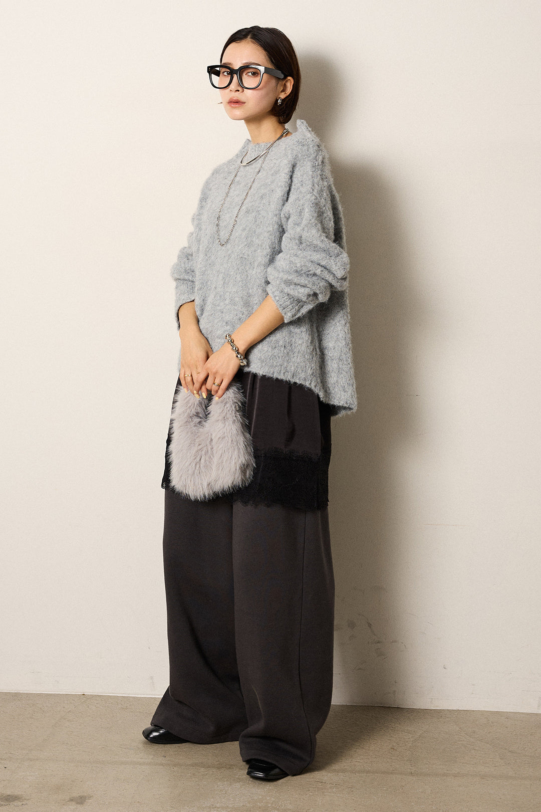 [SET]アルパカタッチオフショルニット+裏起毛スウェットワイドパンツ(2set)