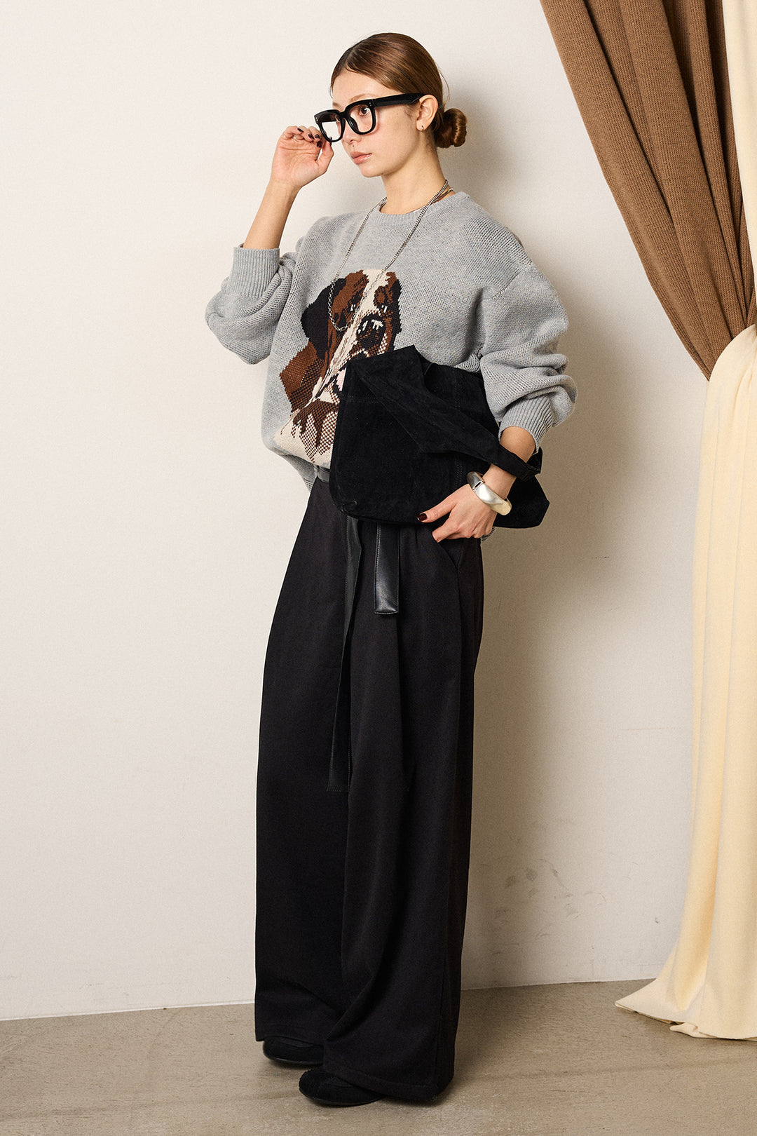 [SET]アニマルジャガード柄ニットトップス+巻ベルトウエストレザーライクワイドパンツ(2set)
