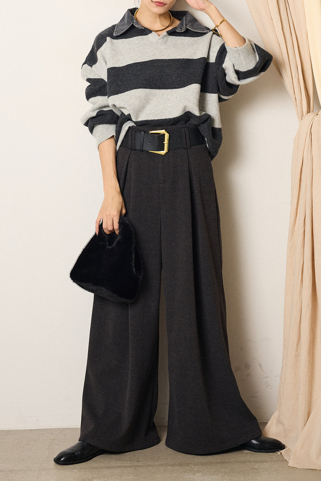 [SET]デニムカラーボーダールーズニット+ゴールドバックル太ベルト付きワイドパンツ(2set)