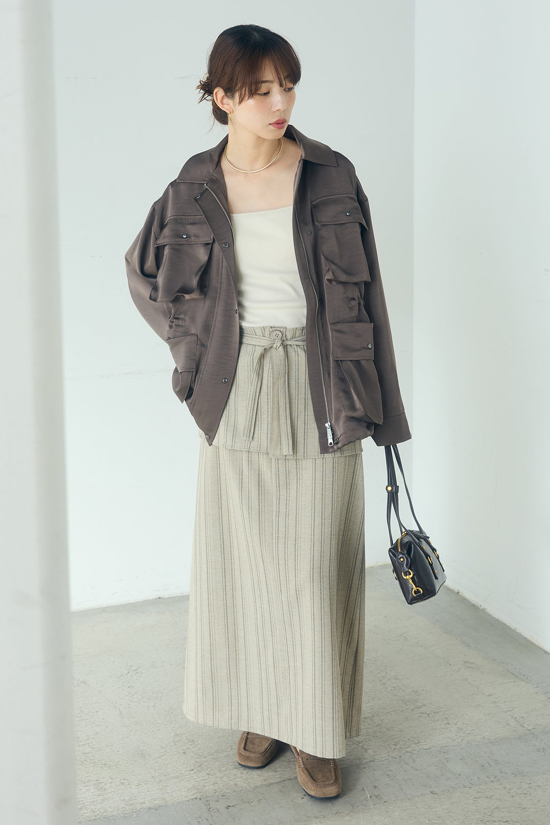 [SET]サテンライトブルゾン+ラップ巻きピンストライプワイドスカート(2set)