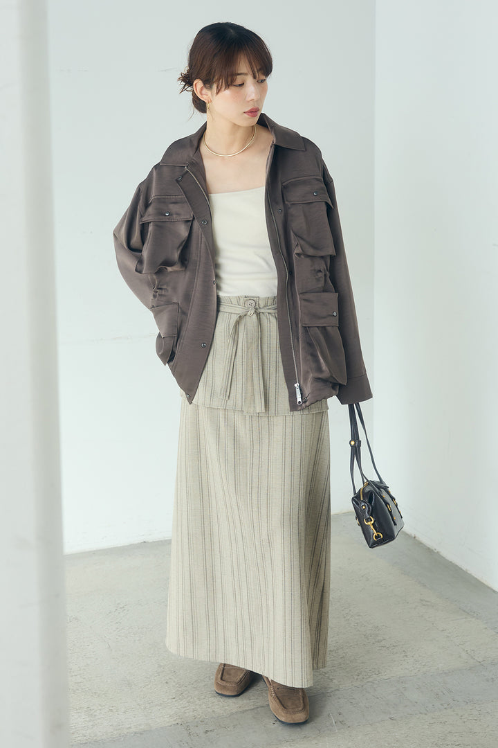 [SET]サテンライトブルゾン+ラップ巻きピンストライプワイドスカート(2set)