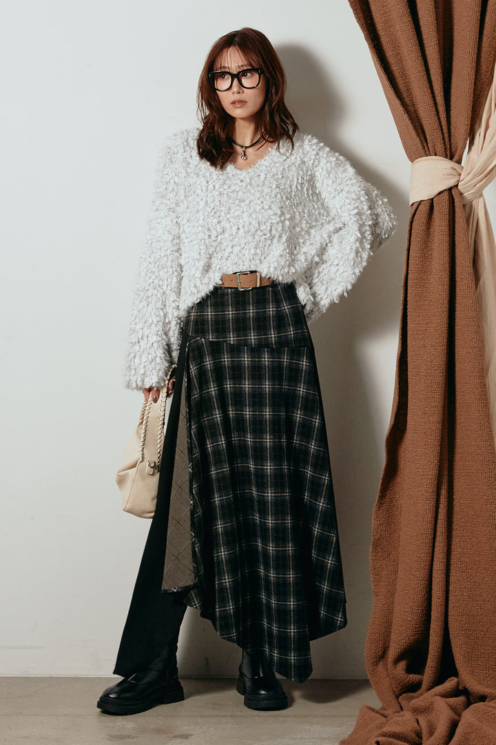 [SET]深Vネックチョウチョヤーンニットトップス+フェイクレザーベルト付き切り替えタータンチェックスカート(2set)