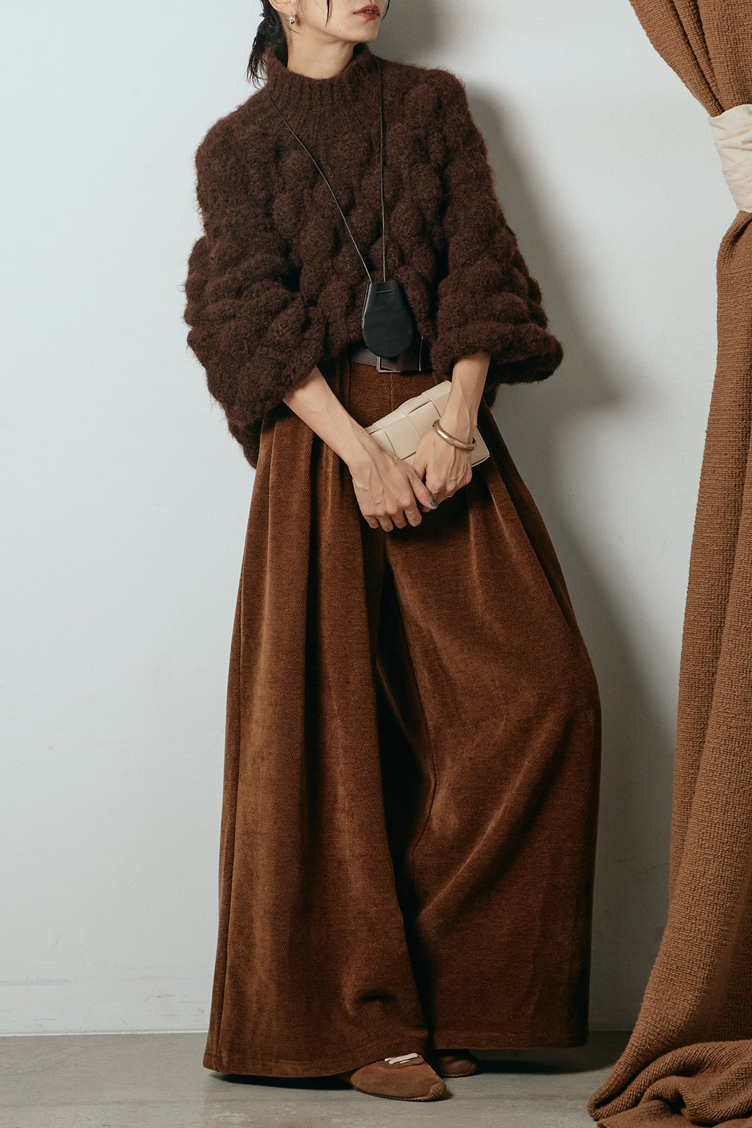 [SET]ボリュームポップコーンニットトップス+ベルトループコーデュロイワイドパンツ(2set)