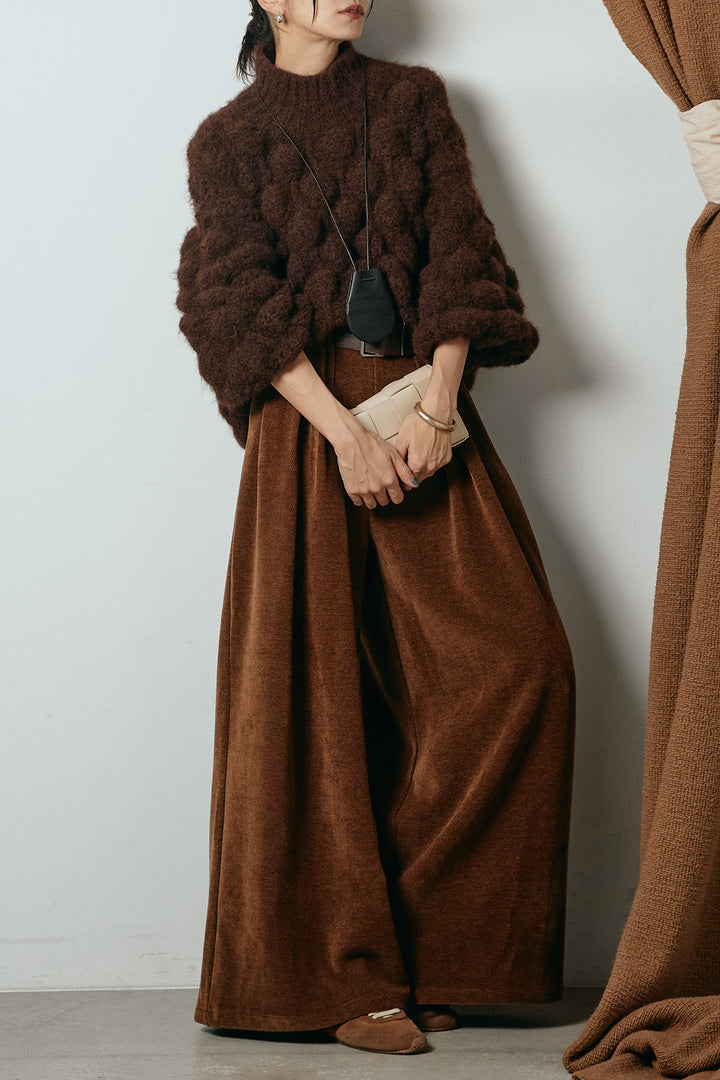 [SET]ボリュームポップコーンニットトップス+ベルトループコーデュロイワイドパンツ(2set)