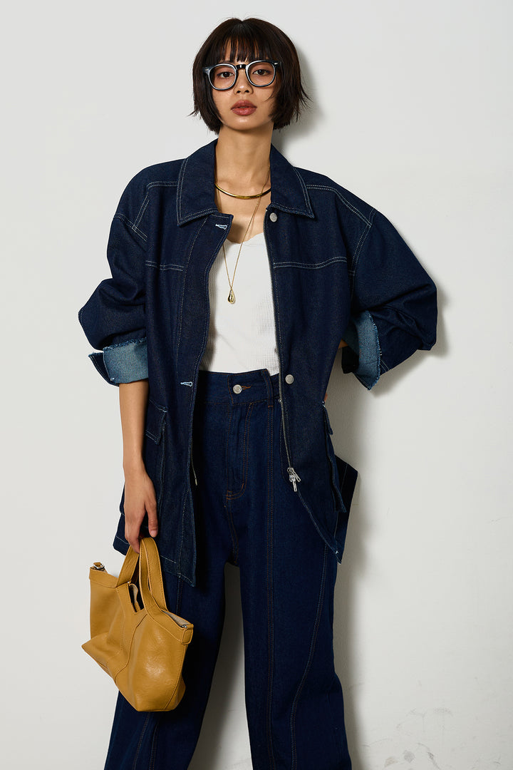 【即納】ステッチデザインデニムジップジャケット