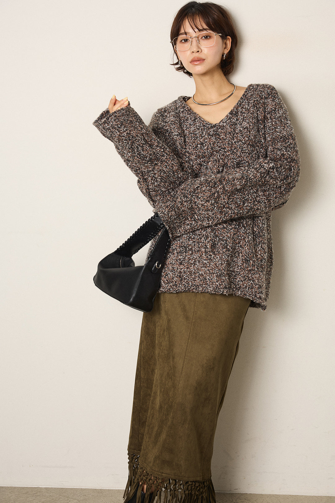 [SET]Vネックミックス編みニットトップス+スウェードライク裾フリンジスカート(2set)