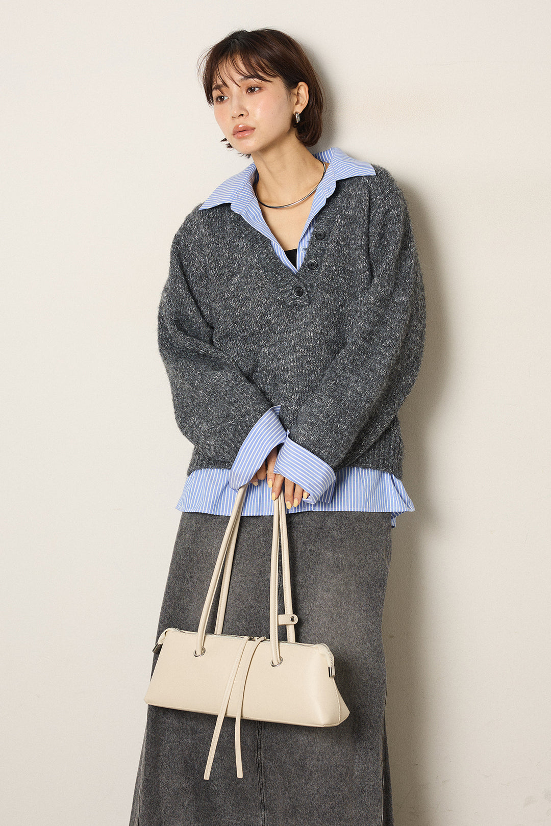 [SET]ストライプシャツドッキングニットポロトップス+デニムロングフレアスカート(2set)