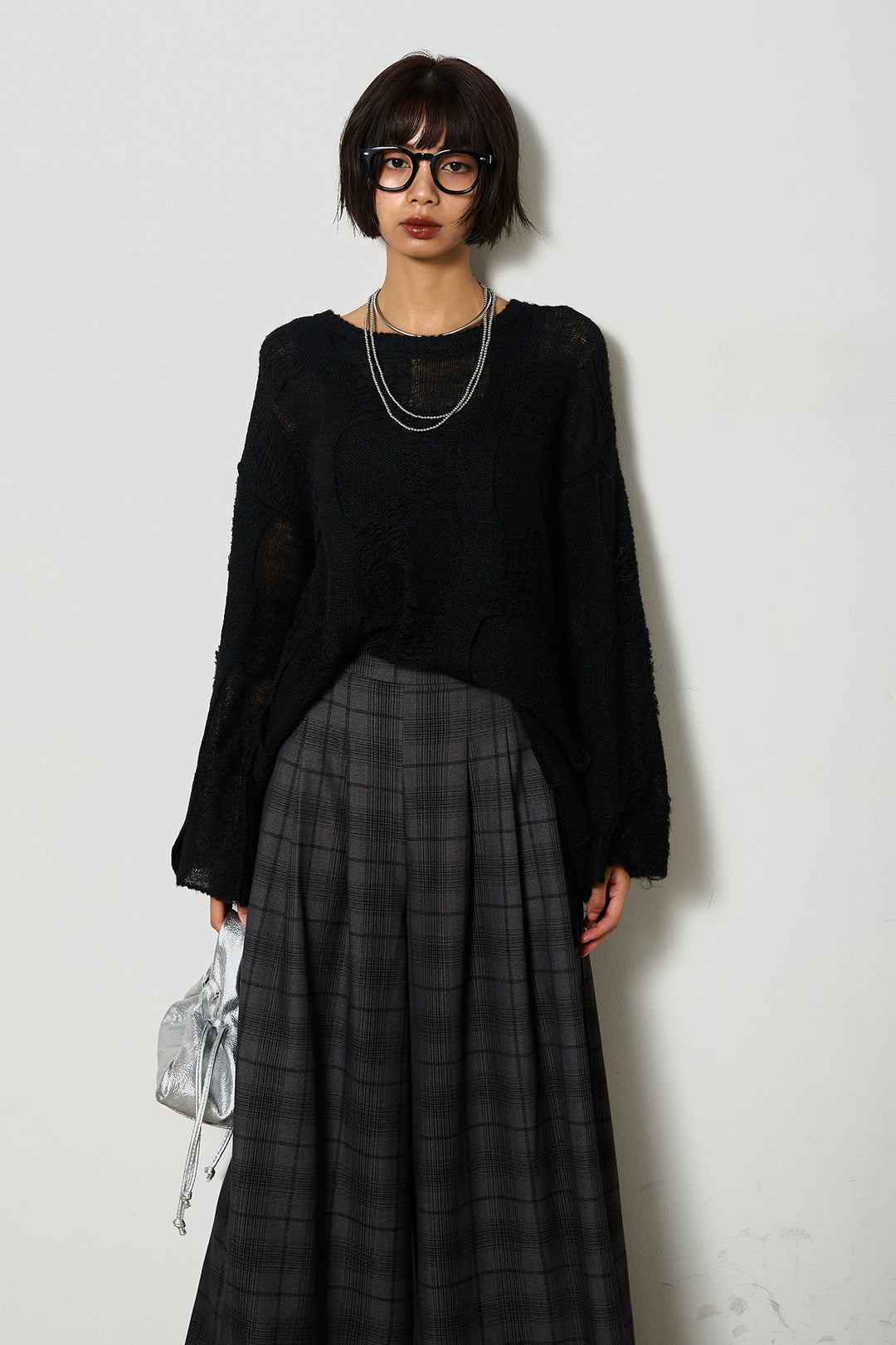 [SET]パターンモヘアローゲージニットプルオーバー+タータンワイドチェックパンツ(2set)