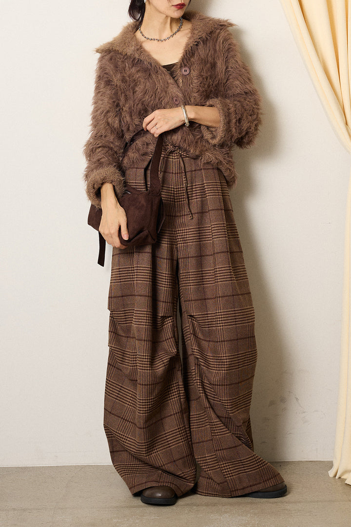 [SET]襟付きシャギーニットカーディガン+グレンチェックルーズタックパンツ(2set)