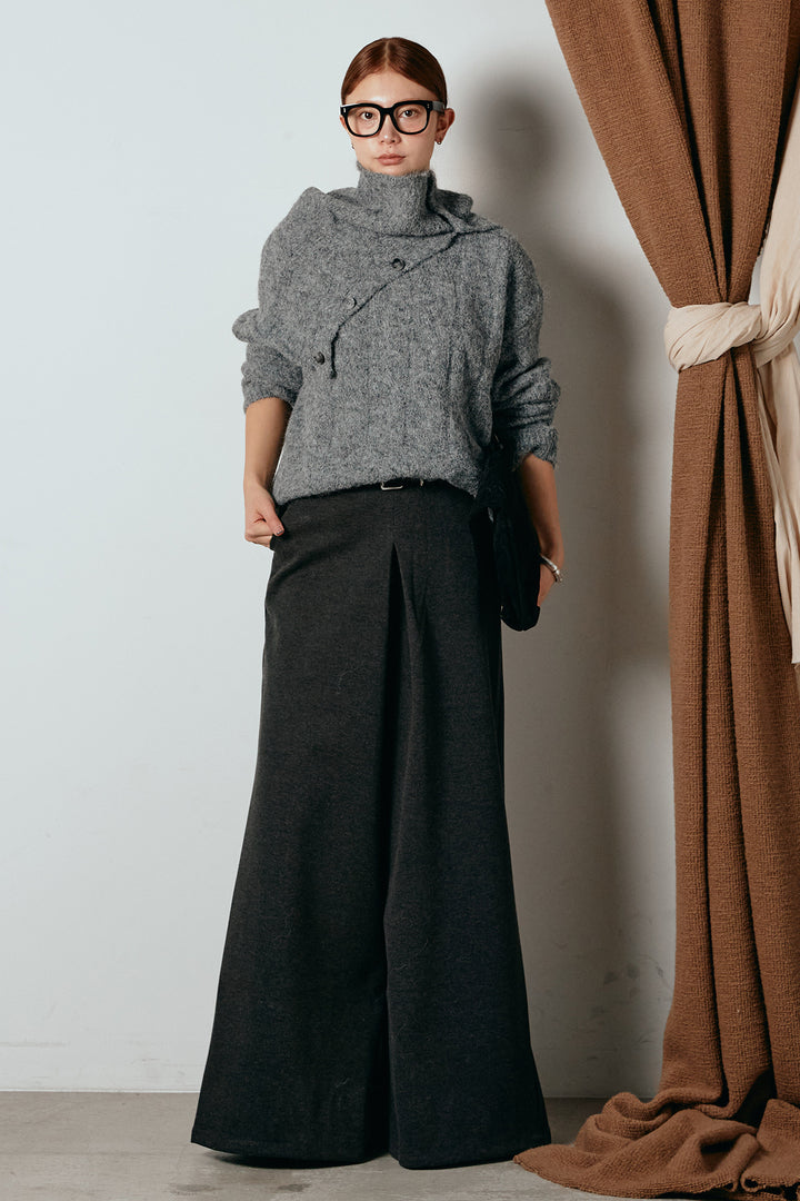 [SET]ケープデザインケーブルニットトップス+ベルト付きフロントタックデザインパンツ(2set)