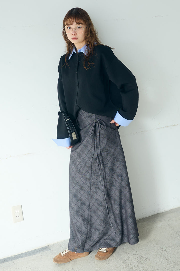 [SET]シャツレイヤード風カーディガン+タータンチェック柄フロントデザインスカート(2set)
