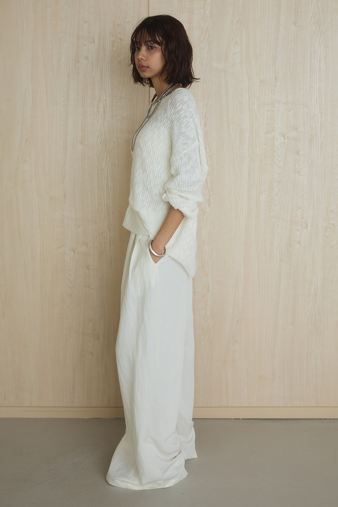 [SET]ネック編みデザインニットトップス+ウエスト折り返しワイドパンツ(2set)