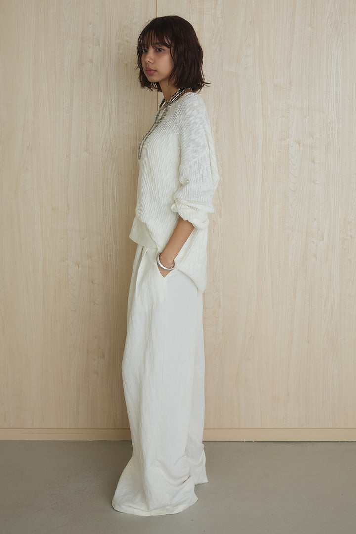 [SET]ネック編みデザインニットトップス+ウエスト折り返しワイドパンツ(2set)