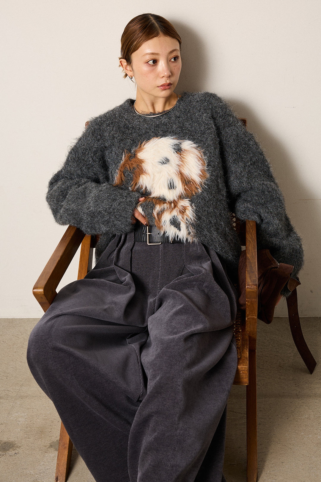 [SET]シャギーニュアンスアニマルニット+ベルトループコーデュロイワイドパンツ(2set)