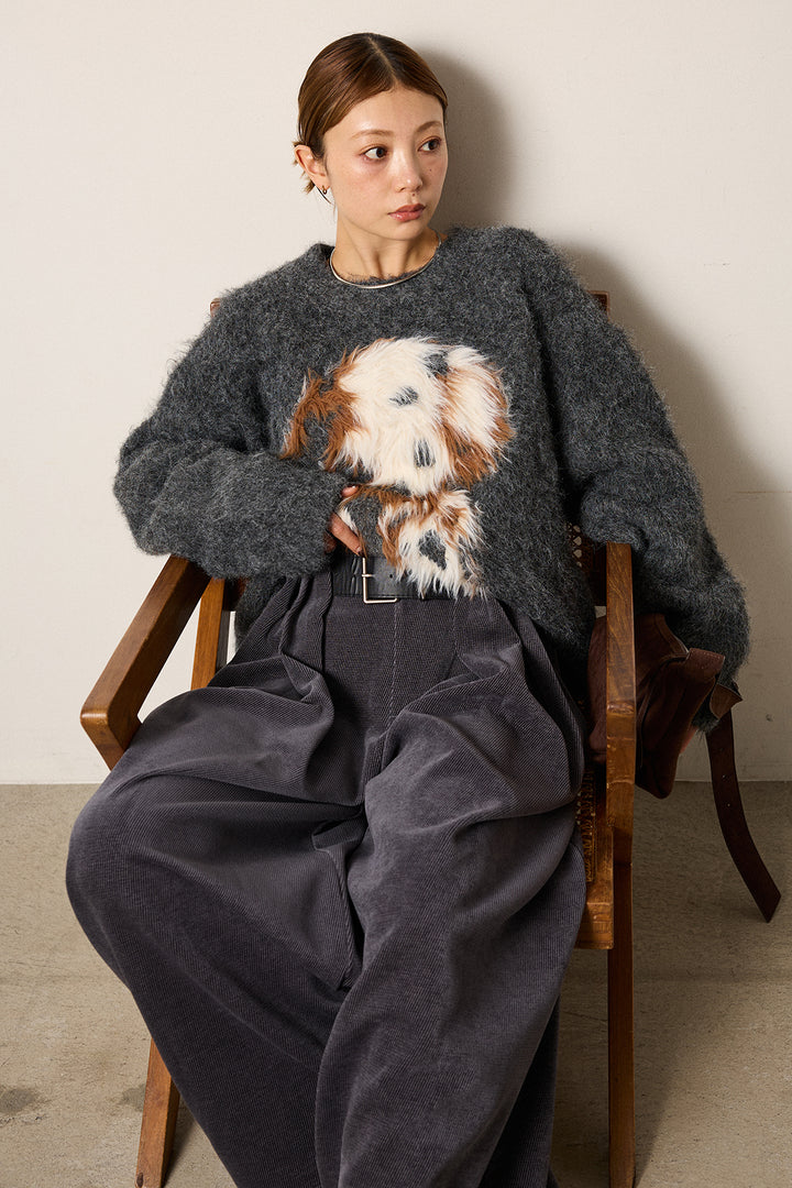 [SET]シャギーニュアンスアニマルニット+ベルトループコーデュロイワイドパンツ(2set)