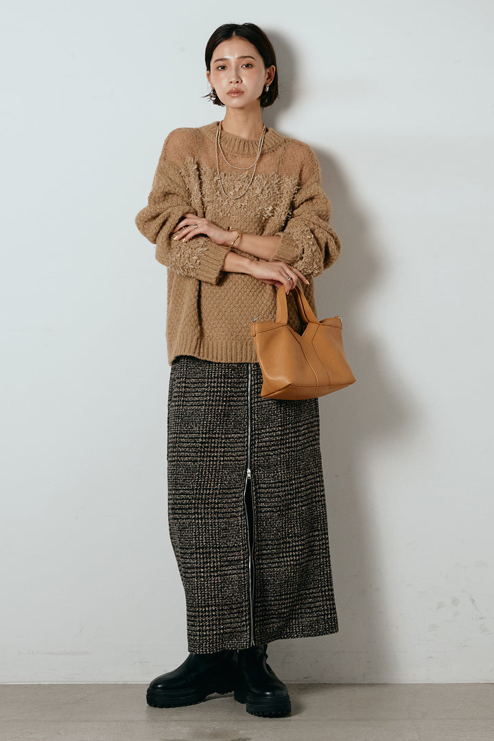 [SET]パターンランダム編みニットトップス+グレンチェック柄フロントジップタイトスカート(2set)