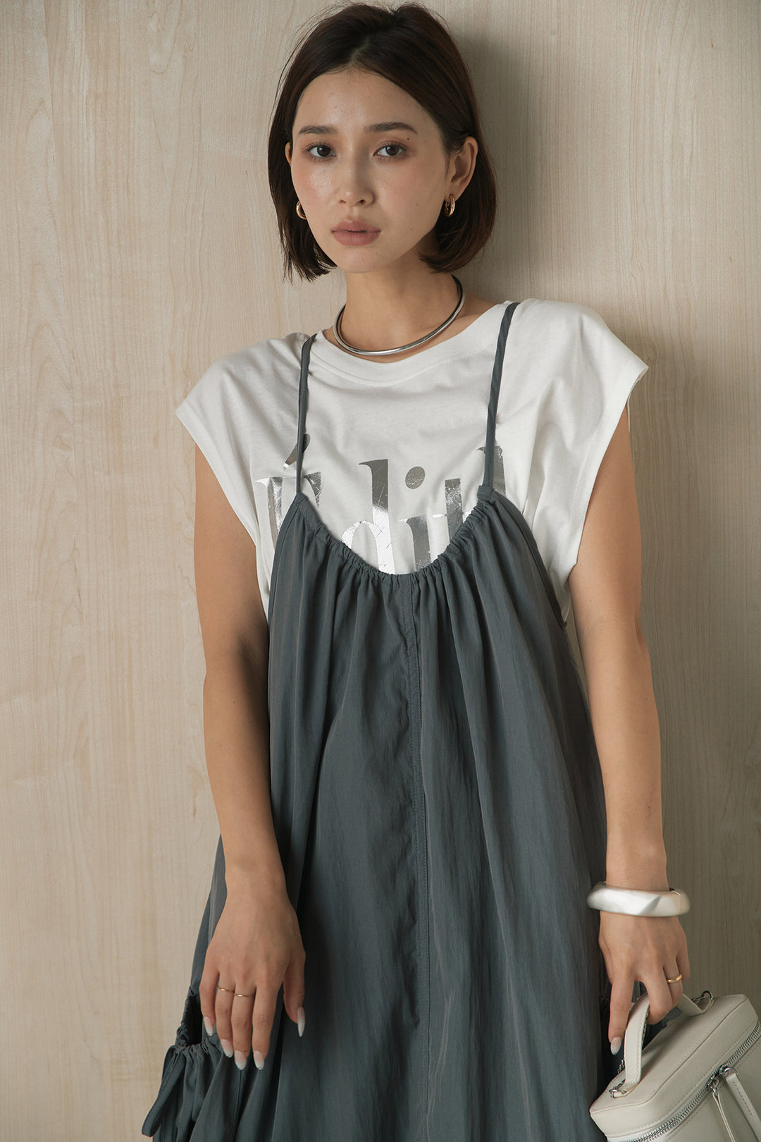[SET]ビッグロゴプリントTシャツ+ポケット付きワッシャーキャミワンピ(2set)