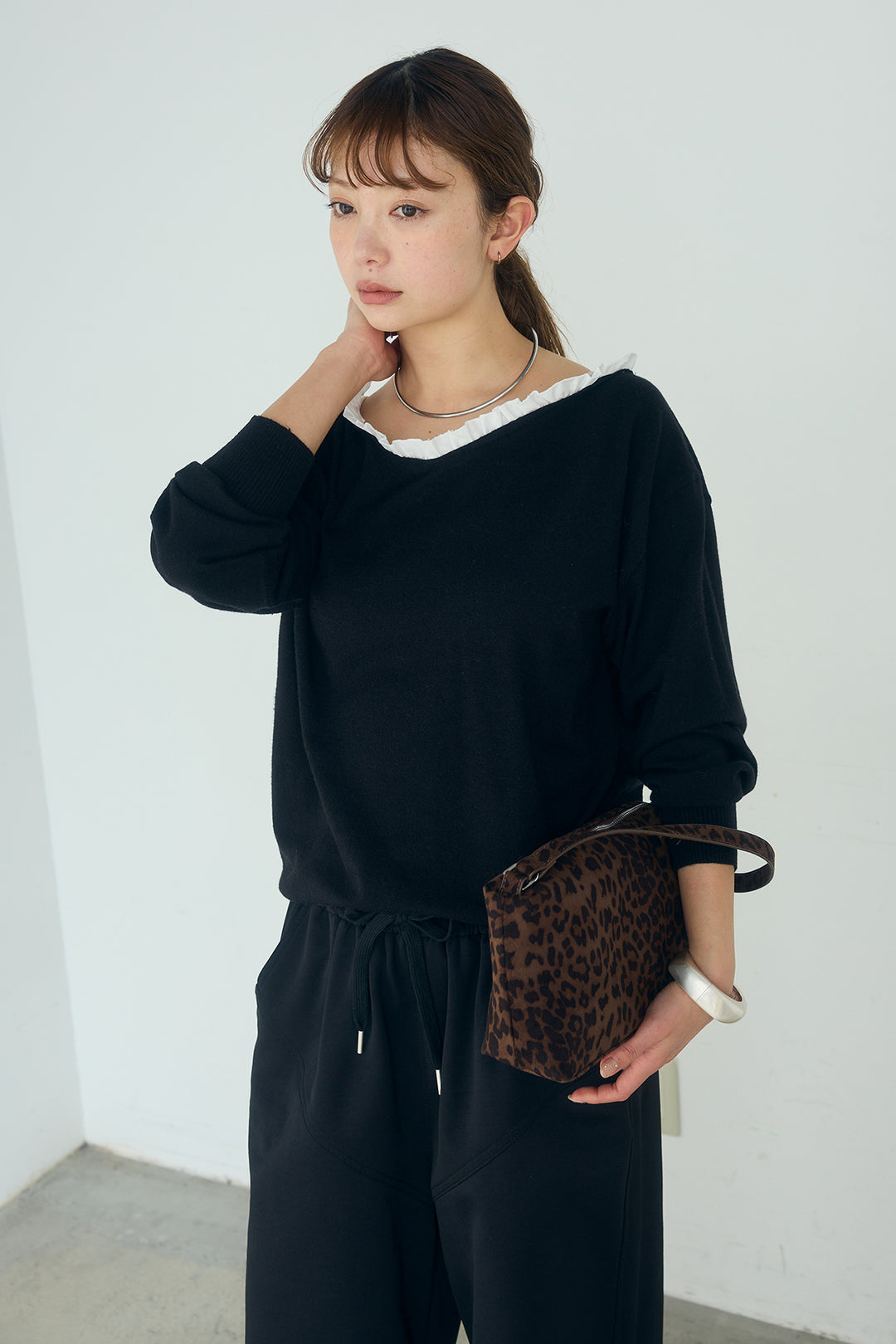 [SET]クールクール異素材コンビオフショルプルオーバー+ランダムタックデザインワイドパンツ(2set)