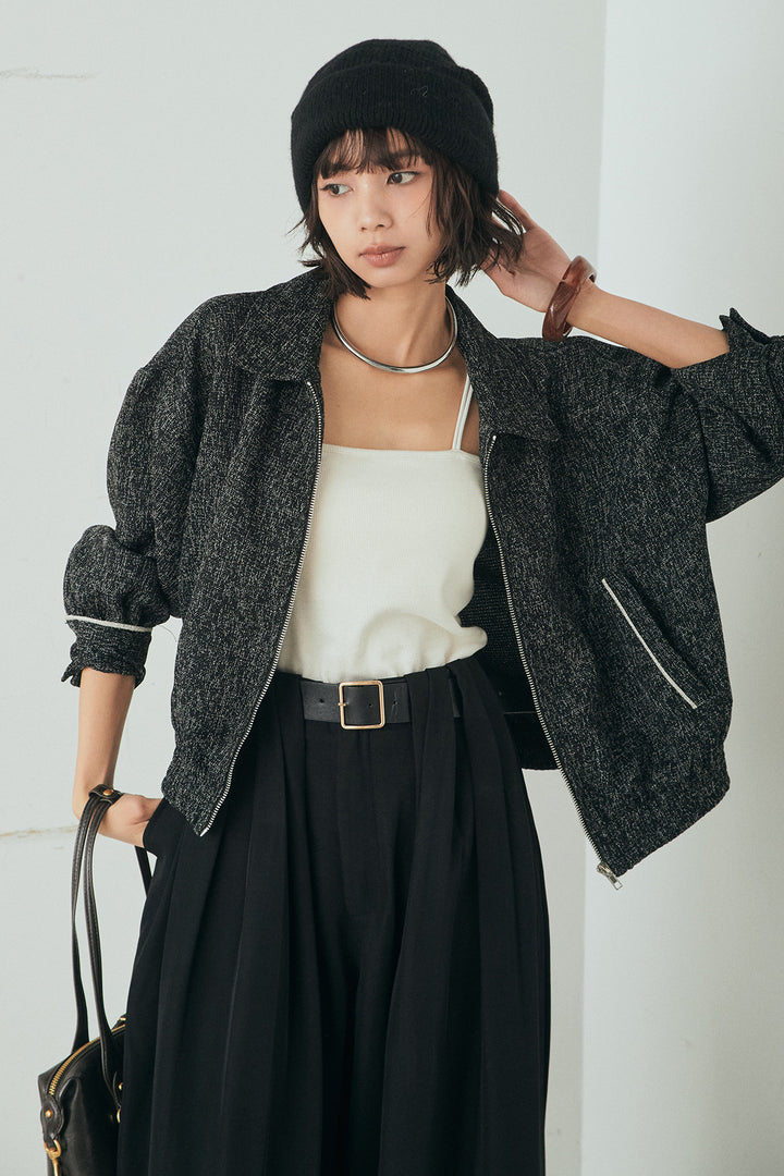 [SET]ツイード配色パイピングブルゾン+ベルト付きタックデザインハイウエストロングパンツ(2set)