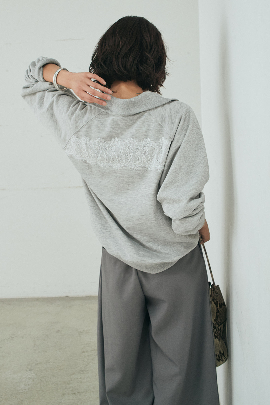 [SET]リバーレースハーフジップ裏毛スウェット+ベルト付きタックデザインハイウエストロングパンツ(2set)