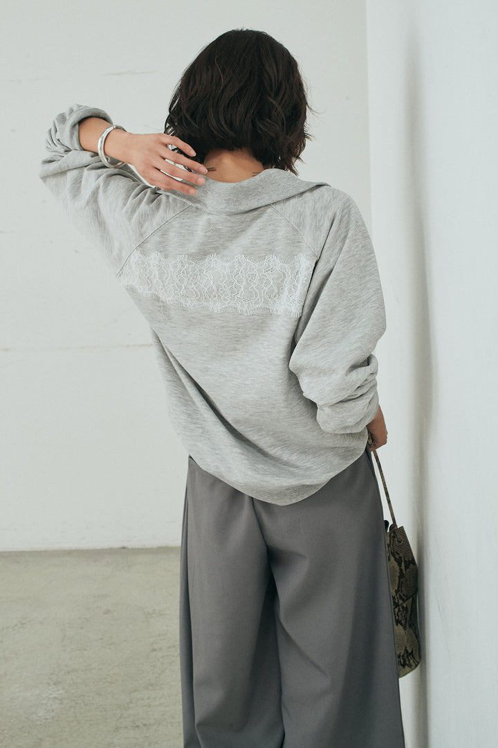 [SET]リバーレースハーフジップ裏毛スウェット+ベルト付きタックデザインハイウエストロングパンツ(2set)