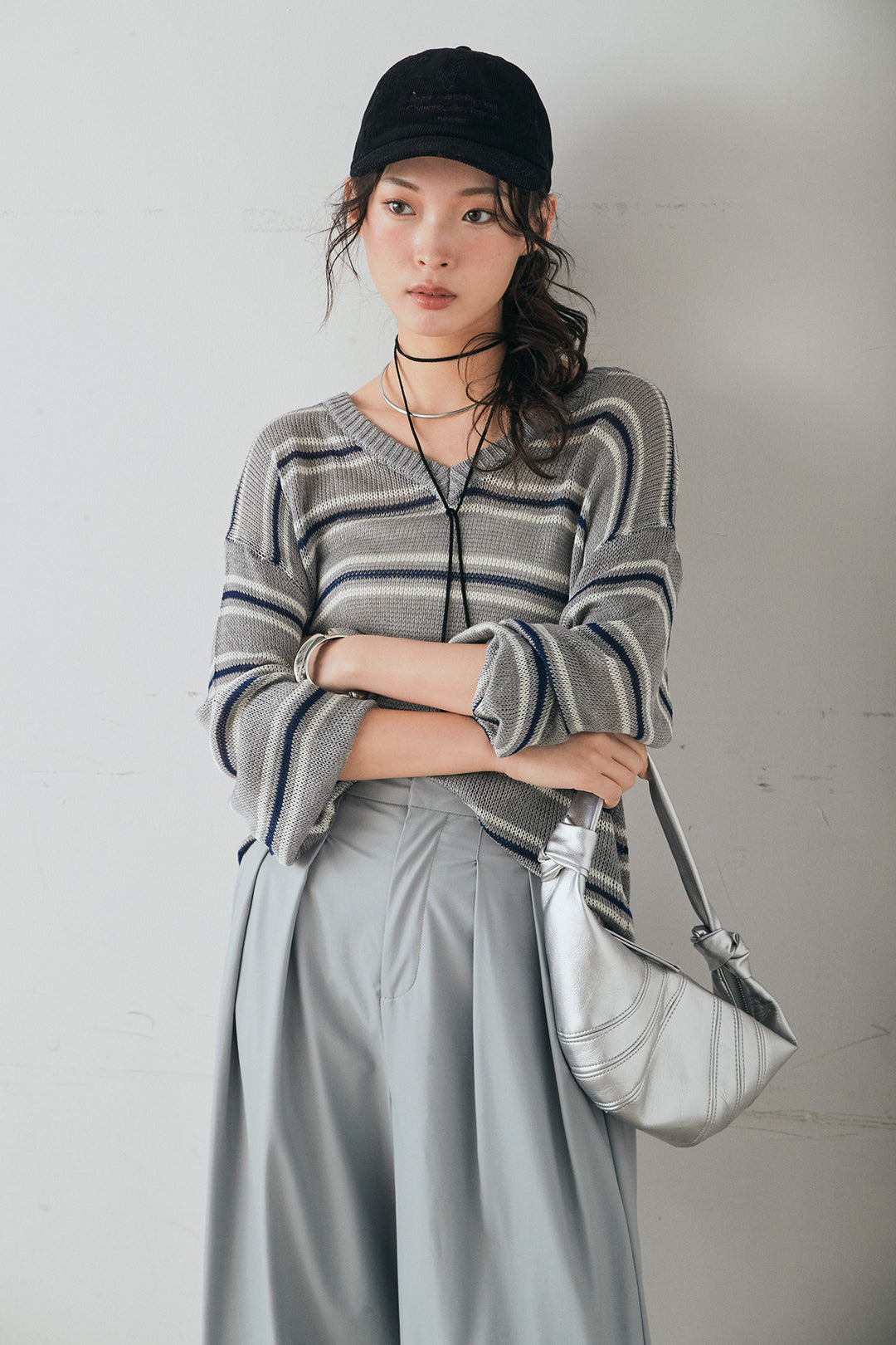 [SET]綿タッチVネックボーダートップス+ウォッシャブルエコレザータックパンツ(2set)