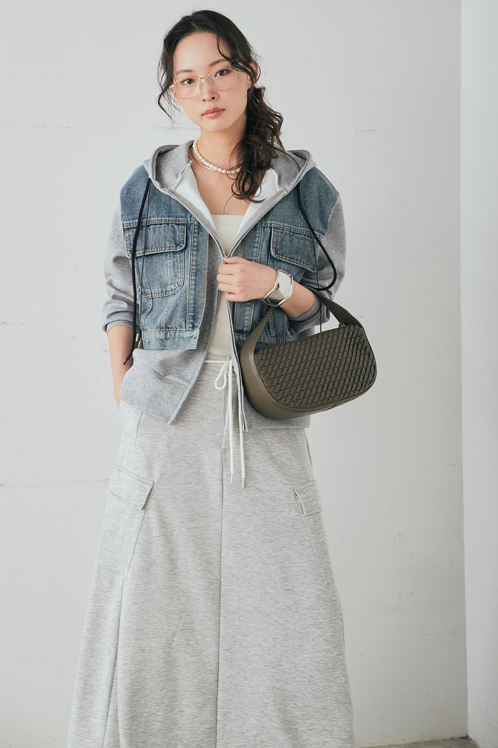 [SET]デニム切替ポンチダブルジップパーカー+リラックススウェットスカート(2set)