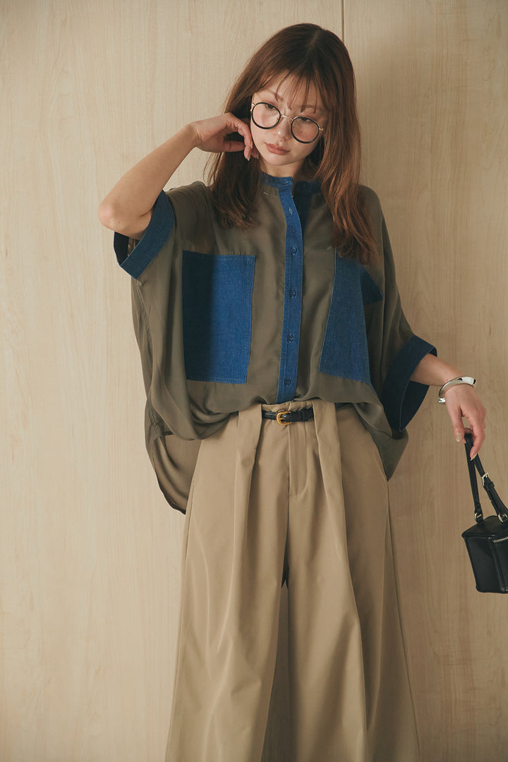 [SET]デニムライクビッグツーポケシアーシャツ+ベルトループデザインハイウエストタックパンツ(2set)