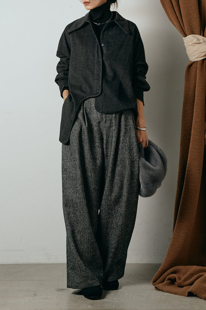 [SET]裾アシンメトリーデザインシャツ+タックツイードワイドパンツ+リブニットシームレスタートルプルオーバー(3set)