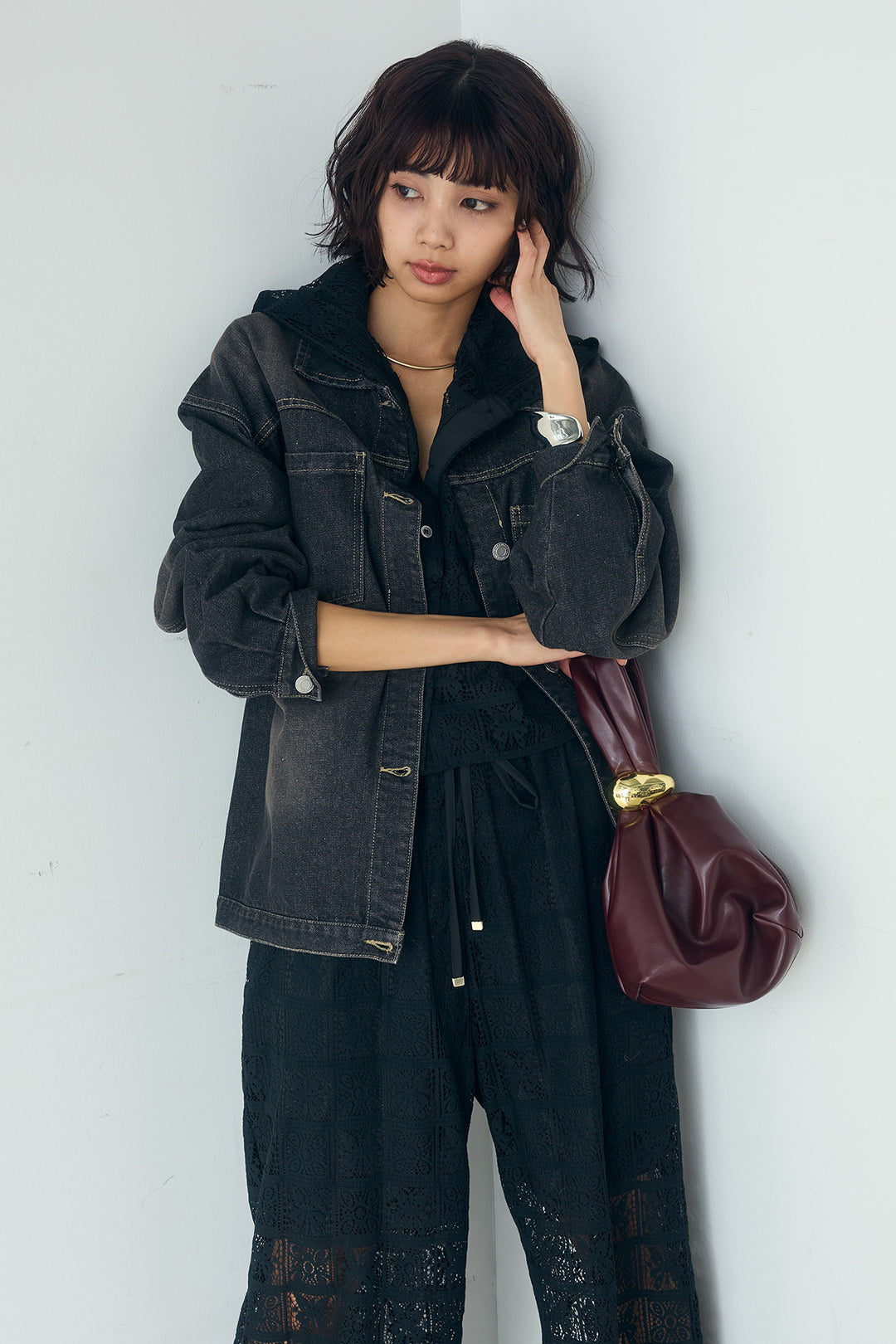 [SET]パッチワークレースショート丈フードシャツ+パッチワークレースイージーパンツ(2set)