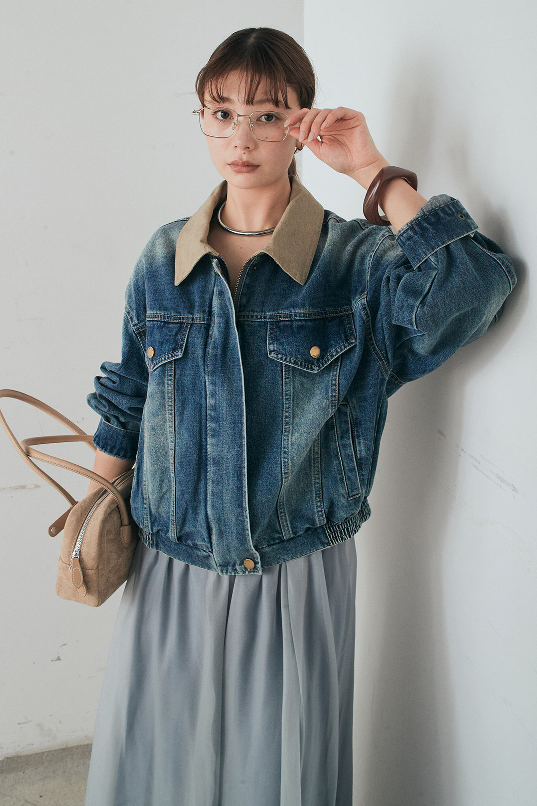 [SET]襟切り替えジップデニムジャケット+リラックスシアーフレアスカート(2set)