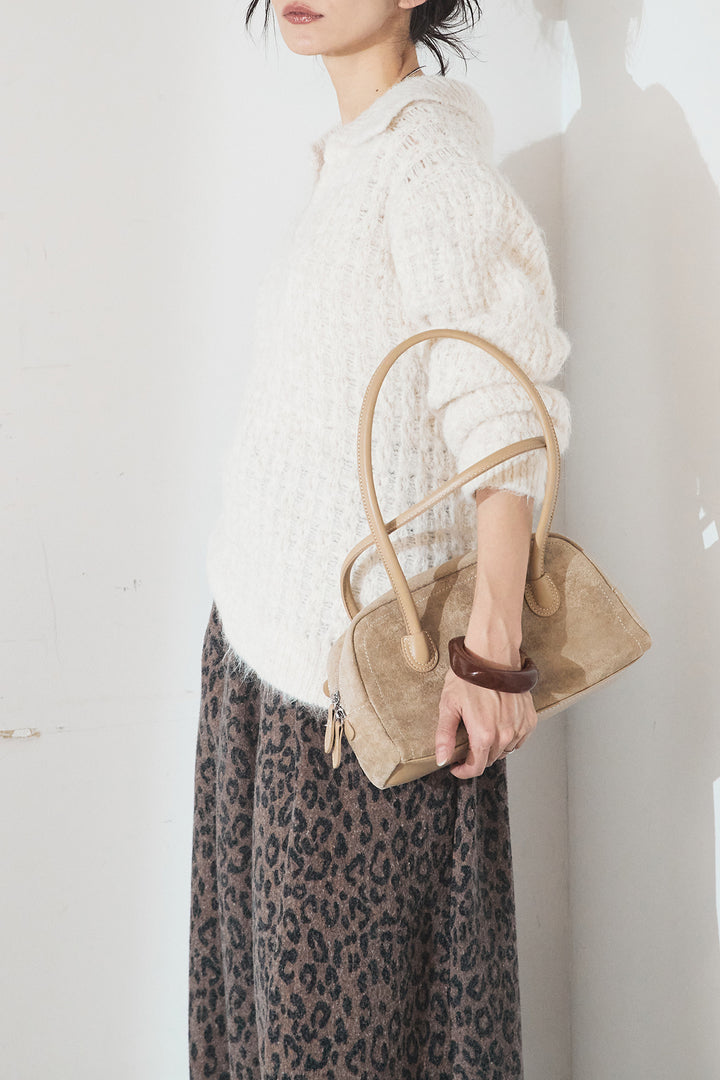 [SET]襟付きVネックニットトップス+リラックスレオパード柄ワイドパンツ(2set)