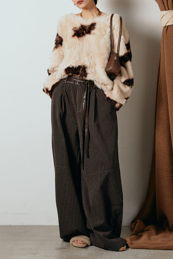 [SET]タイダイ柄シャギーニットトップス+レザーライク配色ストライプパンツ(2set)