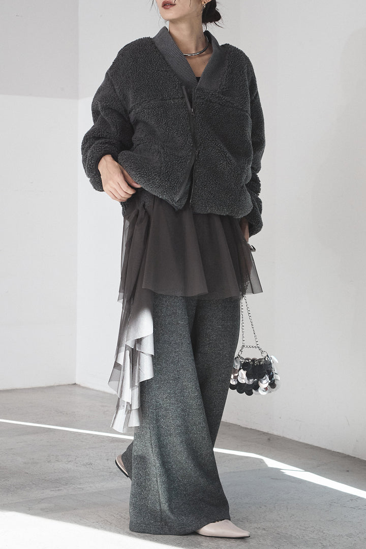 [SET]ノーカラーリブボアアウター+チュールレイヤードニットパンツ(2set)