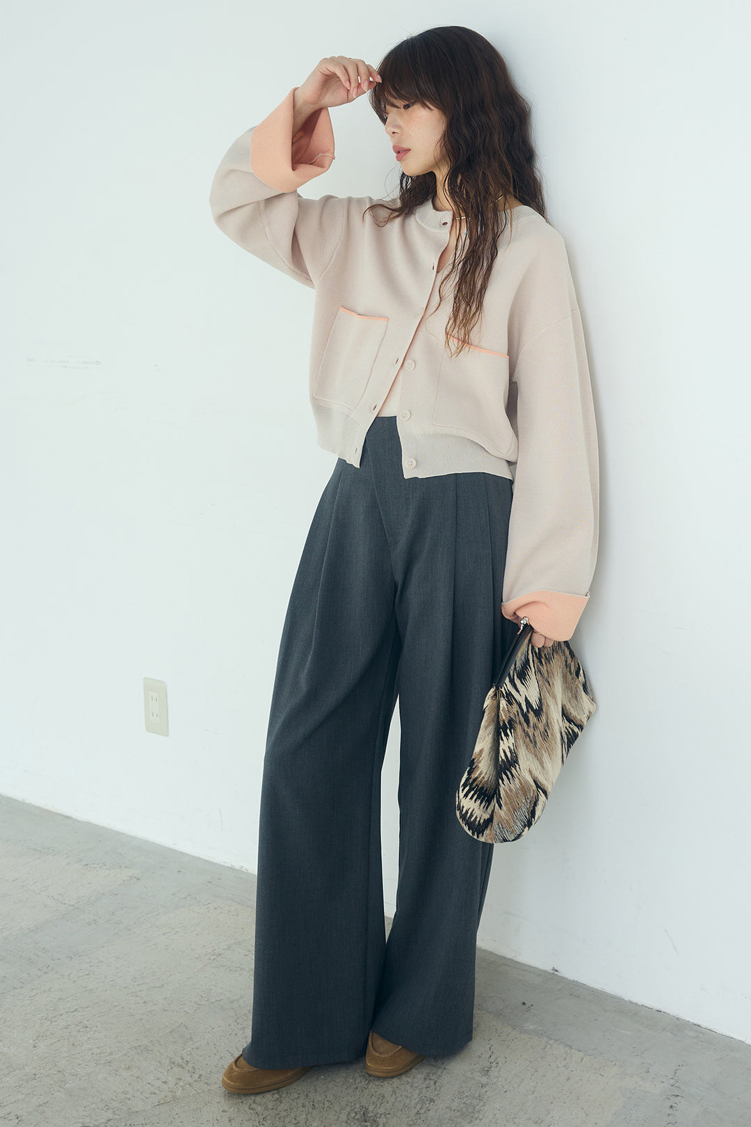 [SET]レーヨンポリダブルフェイスカーディガン+サイドベルトタック入りスラックス(2set)