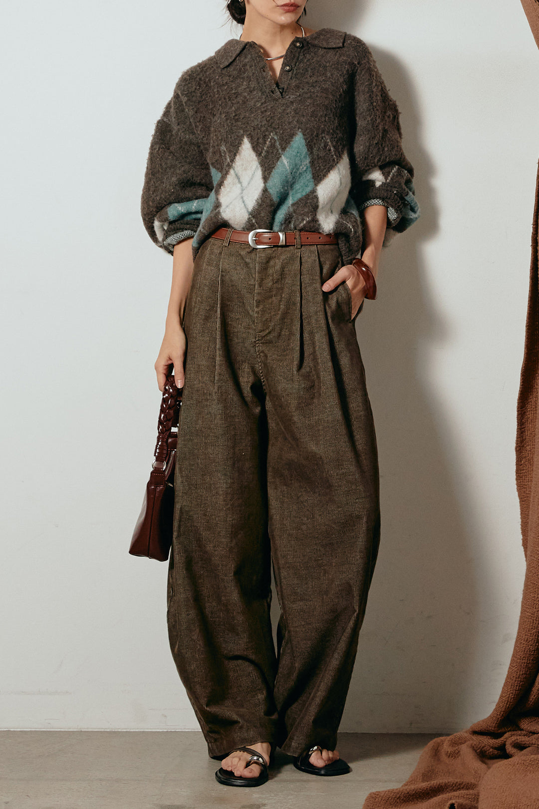 [SET]アーガイル柄ポロニットトップス+フロントタック入りコーデュロイパンツ(2set)