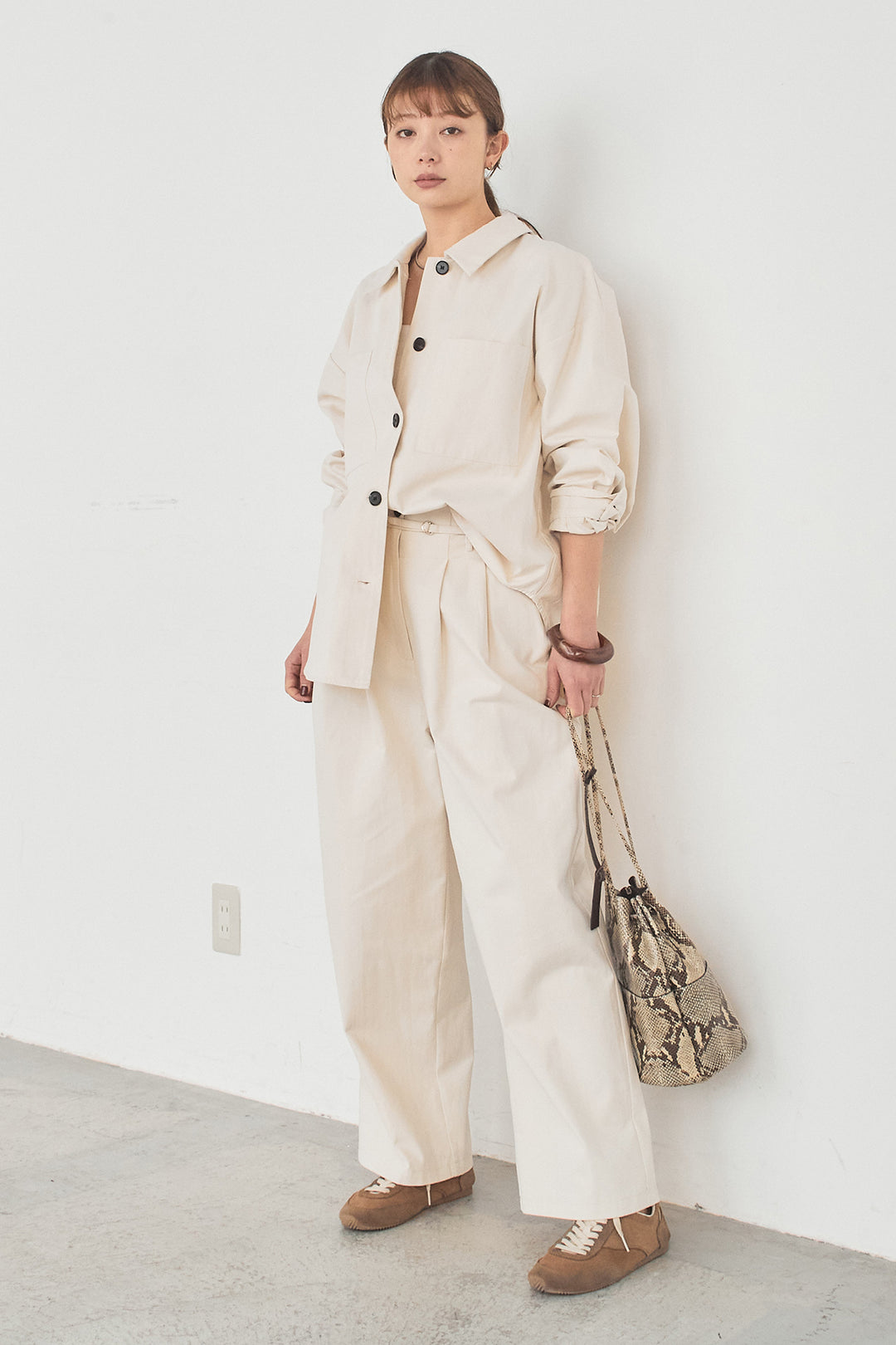 [SET]ツイルシャツジャケット+ツイルハイウエストタックパンツ(2set)