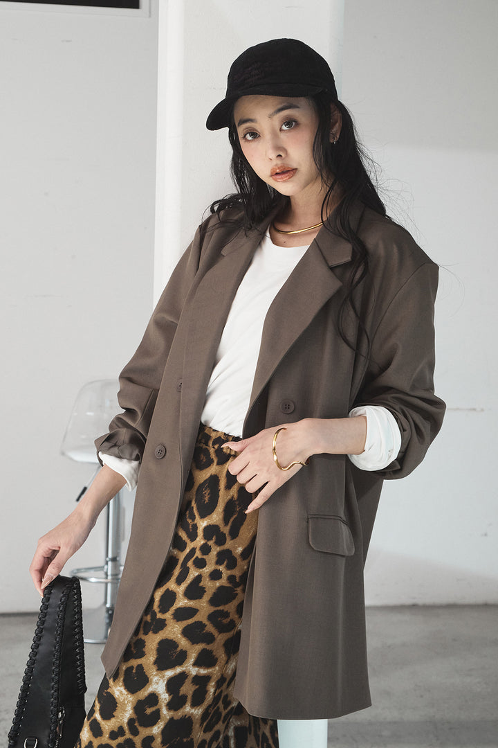 [SET]ルーズシルエットダブルテーラードジャケット+ストレッチロングTシャツ+レオパードサテンナロースカート(3set)