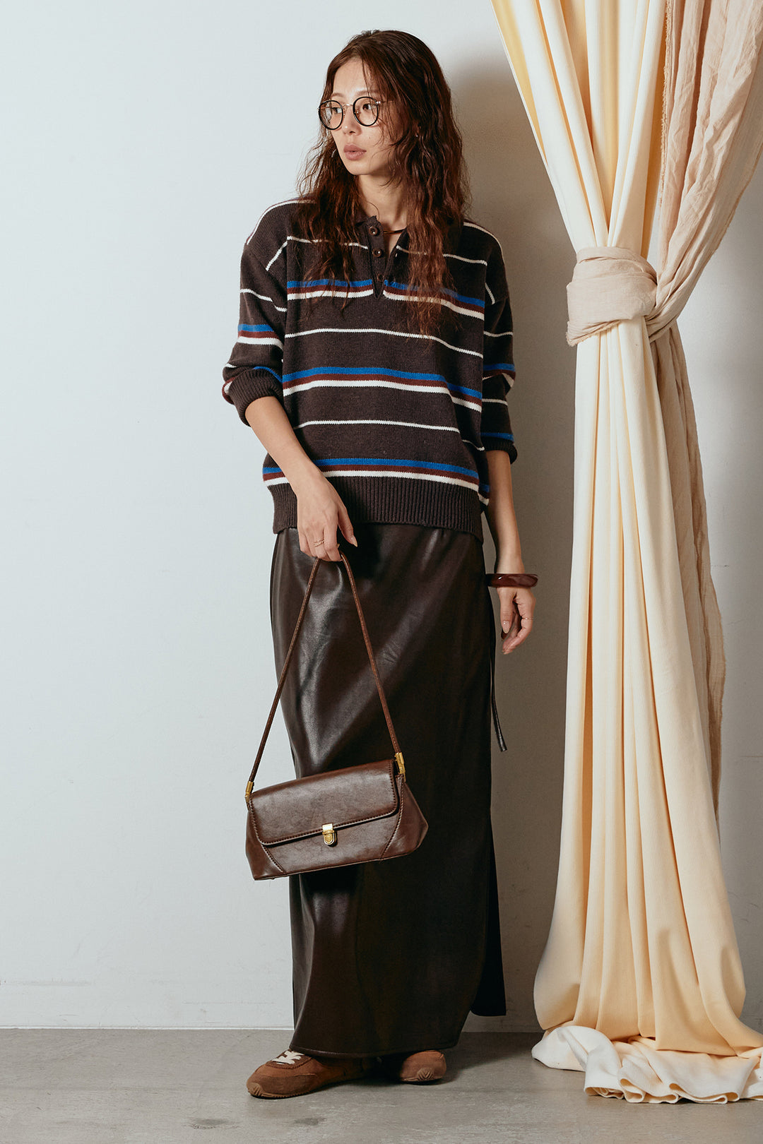 [SET]襟付きマルチボーダーニットポロトップス+紐付きフェイクレザーワイドスカート(2set)