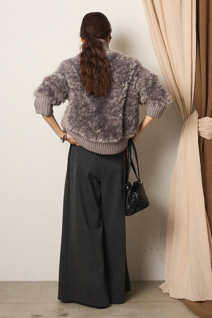 [SET]ハイネックボアブルゾン+フェイクレザー太ベルト付きタックワイドパンツ(2set)